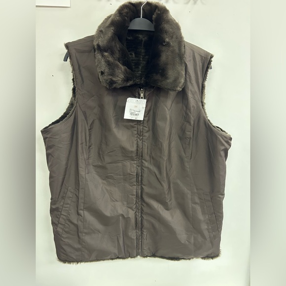 NWT LIZ CLAIBORNE REVERSIBLE FAUX FUR ZIPPER FOUR POCKETS chocolate brown 3x - Picture 9 of 10